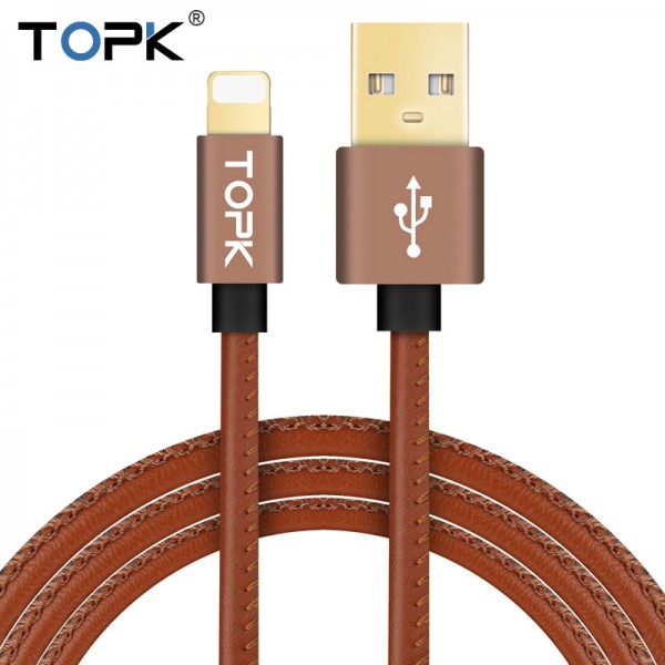 Topk Upgraded Premium Leather Braided Aluminum Alloy Fast Charging Phone USB Cable for iPhone 7 6 6s Plus 5s 5 iPadmini