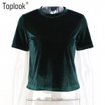 Toplook Crop Top Spring Summer Velvet Back Split Sexy 2017 Vintage Ladies Short Sleeve T Shirt Women Gray Black T-Shirt Tops