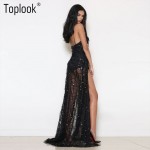 Toplook Heavy Metal Long Dress Sequined Fringed Party Dress Women Sexy Slit Dating Perspective Halter Evening Vestidos Female