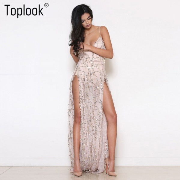 Toplook Heavy Metal Long Dress Sequined Fringed Party Dress Women Sexy Slit Dating Perspective Halter Evening Vestidos Female