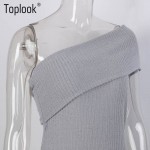 Toplook Sexy One Off Shoulder Sweater Dress Gray Slim Bodycon Autumn Winter Evening Party Knitted Women Elegant Jumper Dress