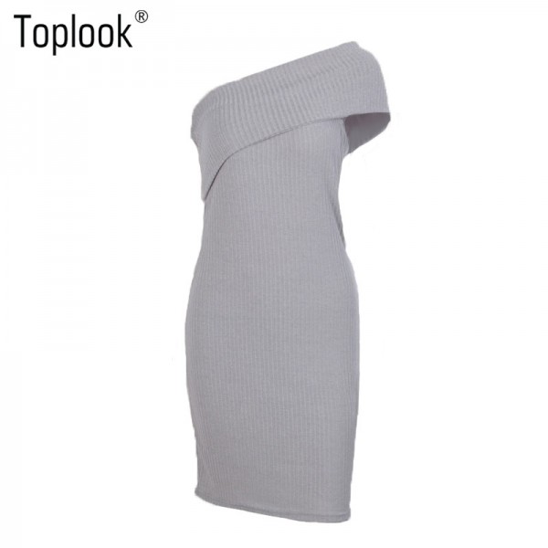 Toplook Sexy One Off Shoulder Sweater Dress Gray Slim Bodycon Autumn Winter Evening Party Knitted Women Elegant Jumper Dress