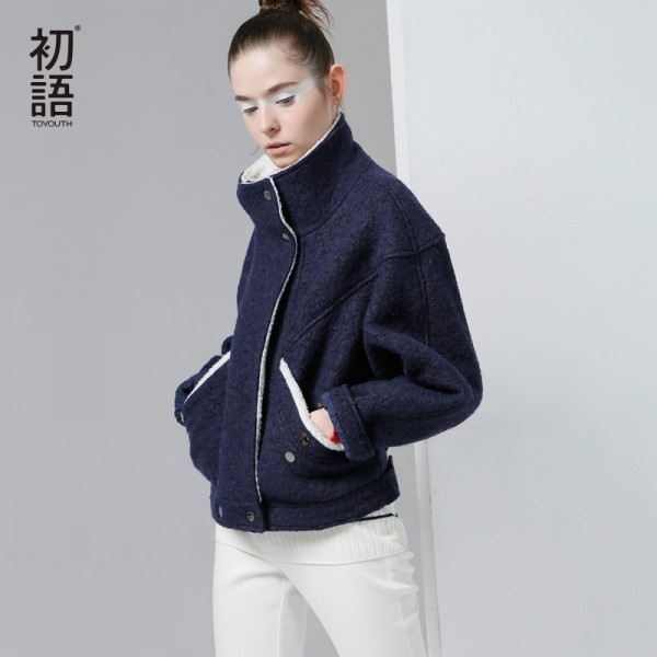 Toyouth 2017 New Arrival Fashion Wollen Coat Autumn Button Pockets Patchwork Stand Collar Wool Blends