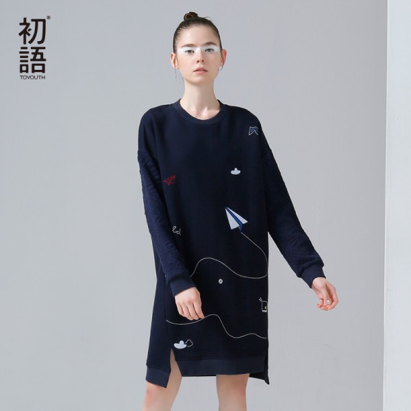 Toyouth 2017 New Arrival Women Autumn Dress Casual Funny Emboridery Pattern Loose Dresses Female O-Neck Long Sleeve Dresses