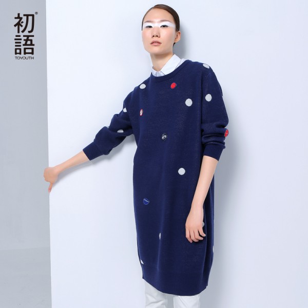 Toyouth 2017 New Arrival Women Autumn Dresses Fashion Polka Dot O-Neck Long Sleeve Dresses Female Loose Embroidery Dress