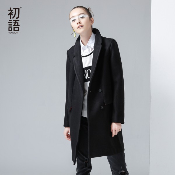 Toyouth 2017 New Arrival Women Casual Wool Blends Autumn Solid Button Pockets Turn-down Collar Wollen Coat