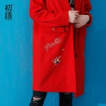 Toyouth 2017 New Arrival Women Winter Long Coat Funny Cartoon Embroidery Turn-down Collar Wollen Coat Female Cotton Coat