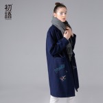 Toyouth 2017 New Arrival Women Winter Long Coat Funny Cartoon Embroidery Turn-down Collar Wollen Coat Female Cotton Coat