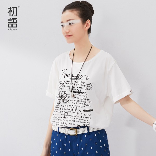 Toyouth 2017 Summer New Arrival O-Neck Loose Print Casual Women Solid Letter Fashion Short Cotton T-Shirts