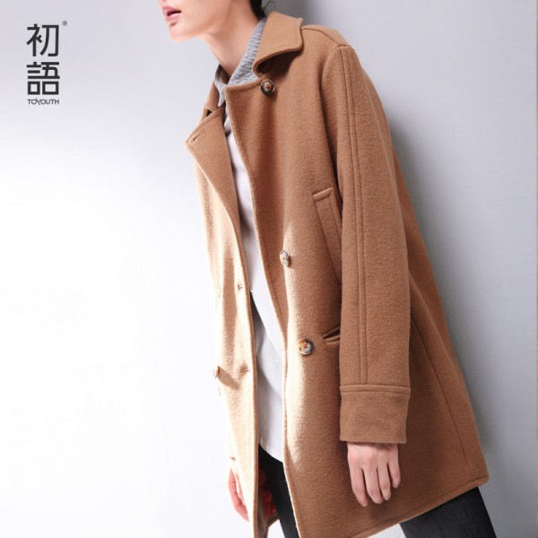 Toyouth 2017 Women Double Breasted Outerwear Medium-long Slim Loose Women's Wool Coat