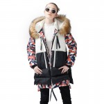 Toyouth Autumn New Contrast Spliced Long Duck Down Coats Female Printing Patwork Coats Hoodies Streewear