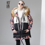 Toyouth Autumn New Contrast Spliced Long Duck Down Coats Female Printing Patwork Coats Hoodies Streewear