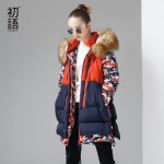 Toyouth Autumn New Contrast Spliced Long Duck Down Coats Female Printing Patwork Coats Hoodies Streewear