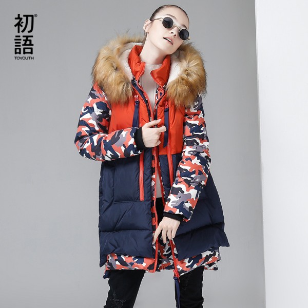 Toyouth Autumn New Contrast Spliced Long Duck Down Coats Female Printing Patwork Coats Hoodies Streewear