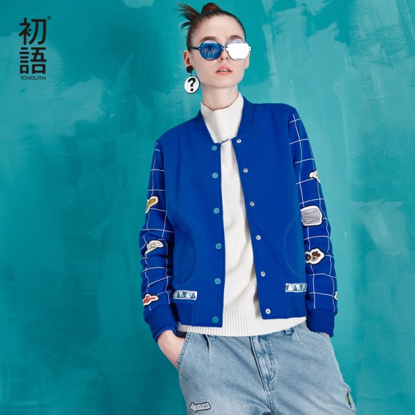 Toyouth Autumn New Women Fashion Baseball Jacket Print Plaid Long Sleeve Short Jacket Lady Thin Outwears