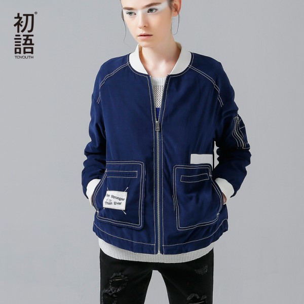 Toyouth Baseball Jacket Autumn New Women Color Contrast Crew Neck Casual Cotton Basic Jacket