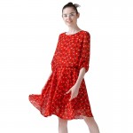 Toyouth Elegant Women Vintage O-Neck Dress Half Sleeve Polka Dot Printed Chiffon Casual Elastic Waist Bohemian Beach Dresses