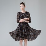 Toyouth Elegant Women Vintage O-Neck Dress Half Sleeve Polka Dot Printed Chiffon Casual Elastic Waist Bohemian Beach Dresses