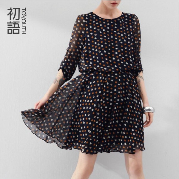 Toyouth Elegant Women Vintage O-Neck Dress Half Sleeve Polka Dot Printed Chiffon Casual Elastic Waist Bohemian Beach Dresses