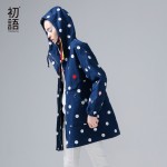 Toyouth New Arrival Women Casual Cotton Trench Coat Autumn Dot Printed Pockets Zipper Hooded Collar Trench Coat