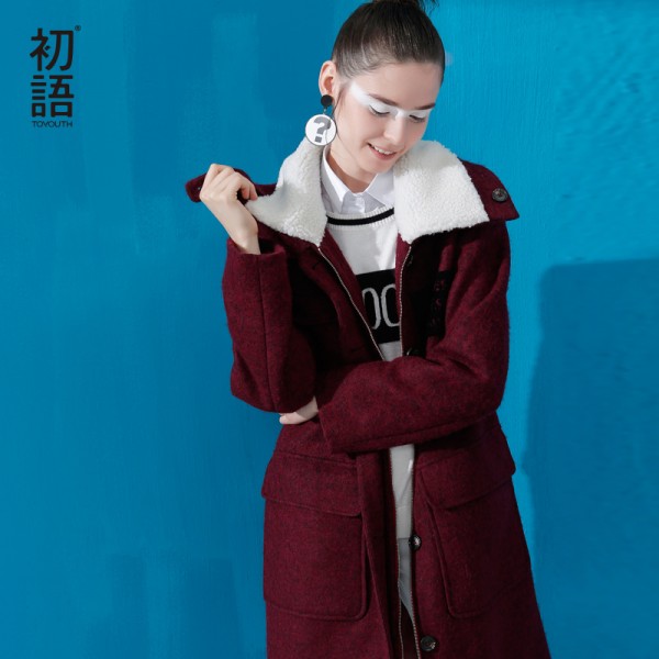 Toyouth New Arrival Women Casual Wool Blends Autumn Loose Patchwork Pockets Zippers Turn-down Collar Wollen Coat