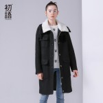 Toyouth New Arrival Women Casual Wool Blends Autumn Loose Patchwork Pockets Zippers Turn-down Collar Wollen Coat