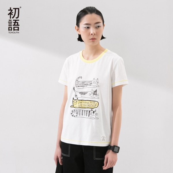 Toyouth New Arrival Women Cotton T-Shirts Cartoon Print Summer Casual O-Neck Loose Tops Tees