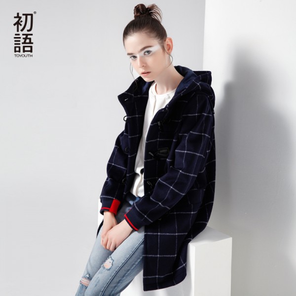 Toyouth New Long Woolen Jacket Horn Buckle British Hoodies Coats Streetwear Style