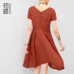 Toyouth Summer Elegant Linen Dress For Women Ladies Puff Sleeve V-Neck Irregular Swing Hem Knee Length Dress