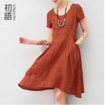 Toyouth Summer Elegant Linen Dress For Women Ladies Puff Sleeve V-Neck Irregular Swing Hem Knee Length Dress