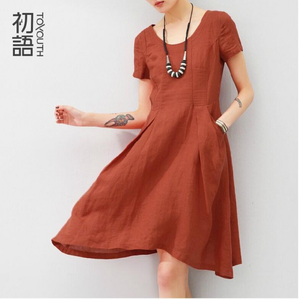 Toyouth Summer Elegant Linen Dress For Women Ladies Puff Sleeve V-Neck Irregular Swing Hem Knee Length Dress