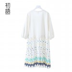 Toyouth Summer New Arrival Fake Two Pieces Dress Women Loose O-Neck A-Line Dress Lady Casual Knee-Length Cotton Dress