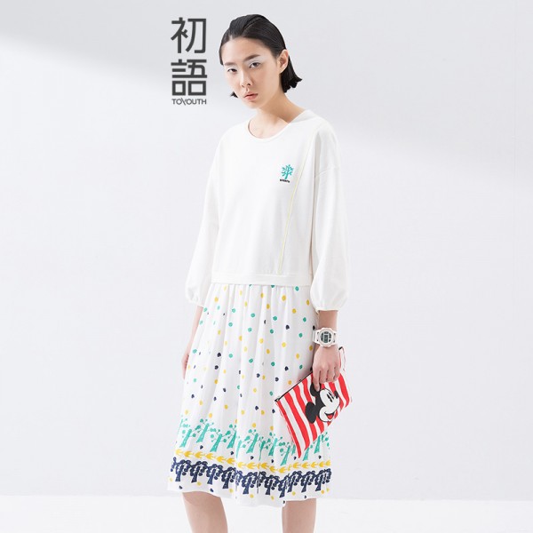 Toyouth Summer New Arrival Fake Two Pieces Dress Women Loose O-Neck A-Line Dress Lady Casual Knee-Length Cotton Dress