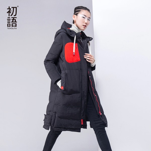 Toyouth Winter Coat Women 2017 Hoody Patchwork Solid Fashion White Duck Down Padded Long Parka Plus Size