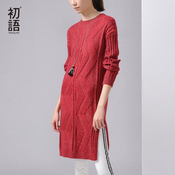 Toyouth Winter New Jacquard Geometrical Dress O-Neck Long Sleeve Knitting Loose One Piece Dresses