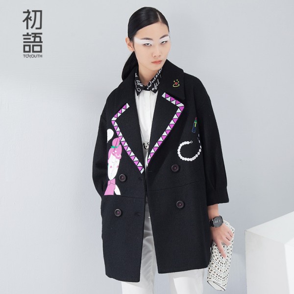 Toyouth Winter Women Blends Wool Coat Turn-down Collar Long Sleeve Mid-length Embroidery Printed Outerwear