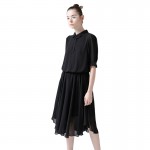 Toyouth Women Summer Chiffon Elastic Wiast Half Sleeve Turn Down Collar Casual Irregular Swing Solid Color Dress