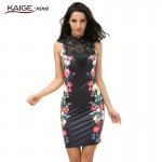 Tropical Floral Print Mesh New Fashion Vestidos Hot Sale Women Striped Patchwork Sheath stand Sleeveless summer Dress 2239 