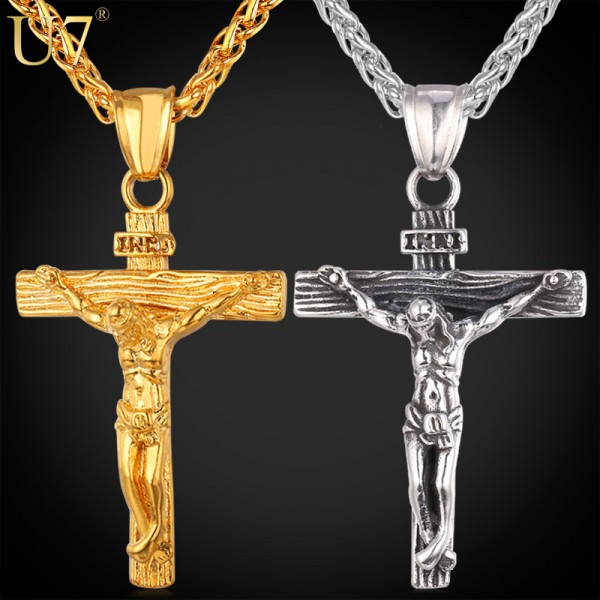 U7 Cross INRI Crucifix Jesus Piece Pendant & Necklace Gold Color Stainless Steel Men Chain Christian Jewelry Gifts Vintage P624