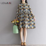 USWMIE 2018 Spring Literature Print Collar Thickened Button Loose Vestidos Long Sleeve Knee-length Geometry Joker Dress Women