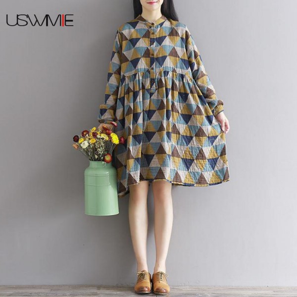 USWMIE 2018 Spring Literature Print Collar Thickened Button Loose Vestidos Long Sleeve Knee-length Geometry Joker Dress Women