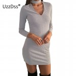 UZZDSS Apparel Autumn Sexy Halter Knitted Dress Women Winter Elegant Bodycon Dress Casual Black Vestidos Short Sweater Dresses