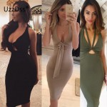 UZZDSS Magic Dressing Women's Halter Deep V Backless Choker Mock Neck Club Evening Party Sexy Bodycon Dress Vestidos Olive Khaki