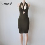 UZZDSS Magic Dressing Women's Halter Deep V Backless Choker Mock Neck Club Evening Party Sexy Bodycon Dress Vestidos Olive Khaki