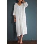 V-collar cotton linen long gown New 2016 autumn half-sleeve loose waist casual dresses for female Vintage dresses white,red