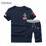 VESONAL New 2017 Summer Short Sleeves Casual Sweatshirt Men Fashion O-Neck Letter Print Sweatshirts Suits Tracksuit Mens VE18