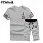 VESONAL New 2017 Summer Short Sleeves Casual Sweatshirt Men Fashion O-Neck Letter Print Sweatshirts Suits Tracksuit Mens VE18