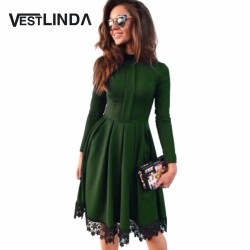 VESTLINDA Autumn Dress Women Party Dresses O Neck Long Sleeve A-Line Slim Vestido De Festa Lace Spliced Sexy Dress Robe Femme