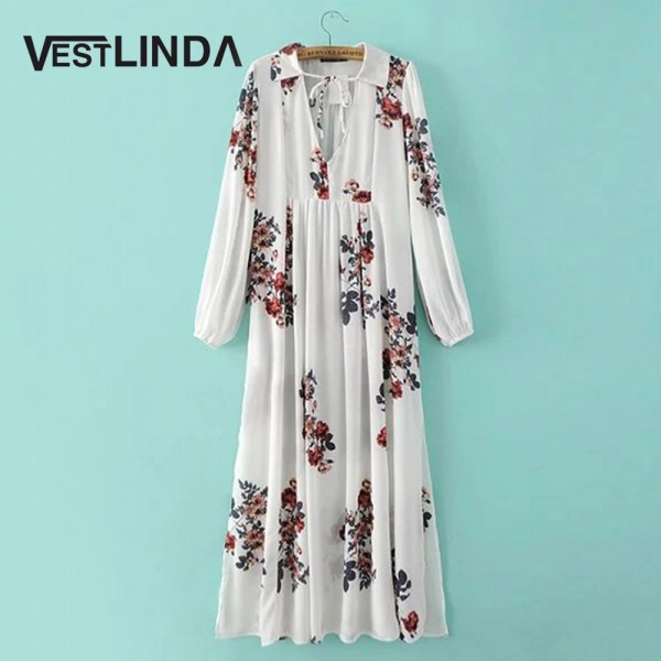 VESTLINDA Bohemian Women Dress V Neck Autumn Maxi Dress Summer Dress Vestidos Turn Down Collar Floral Print Beach Dress Women