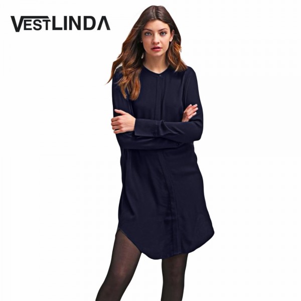 VESTLINDA Chiffon Dress Women 2017 Shirt Dress Fashion Stand Collar Long Sleeve Solid Casual Loose Dresses Vestidos De Festa